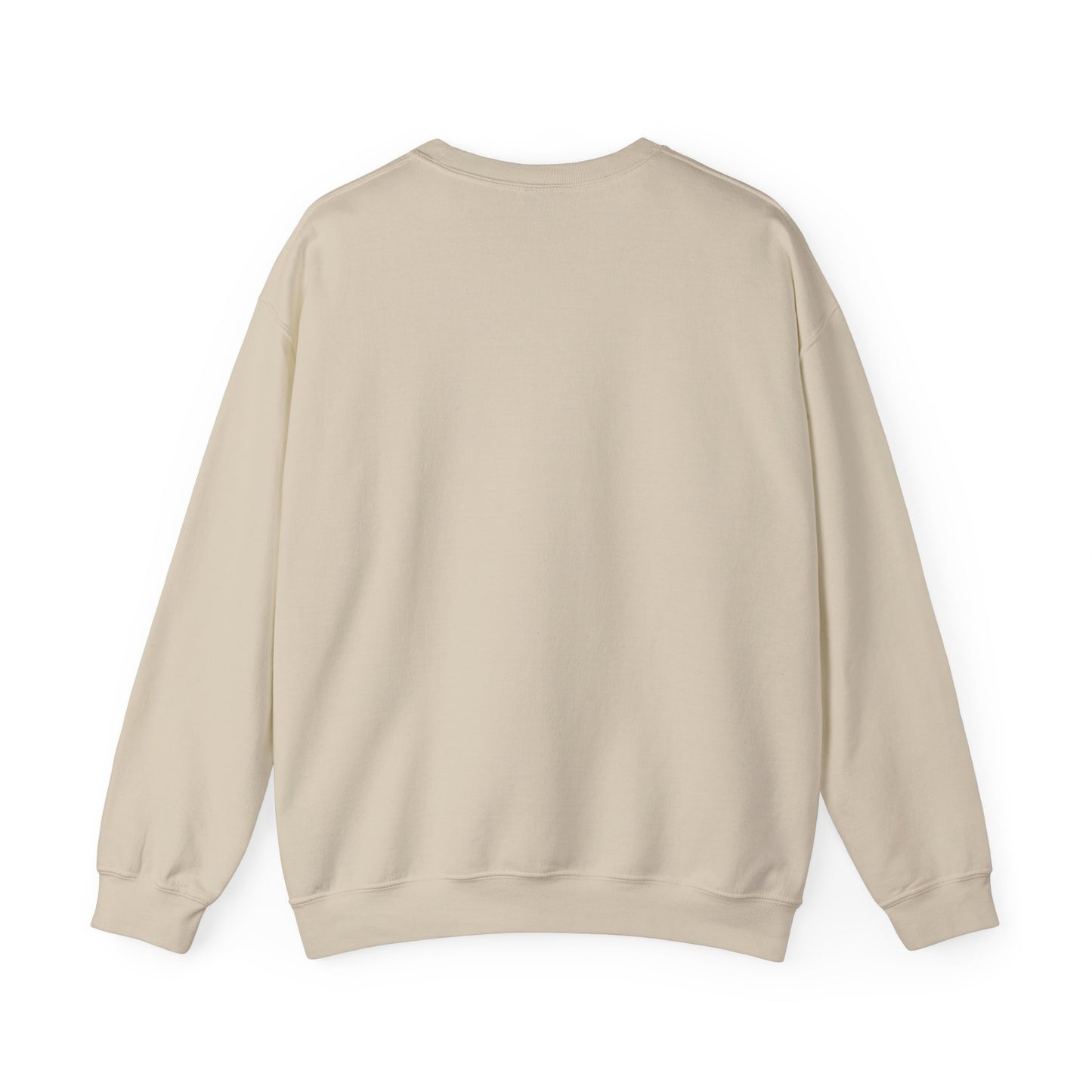 The back of a sand colored crewneck sweatshirt.