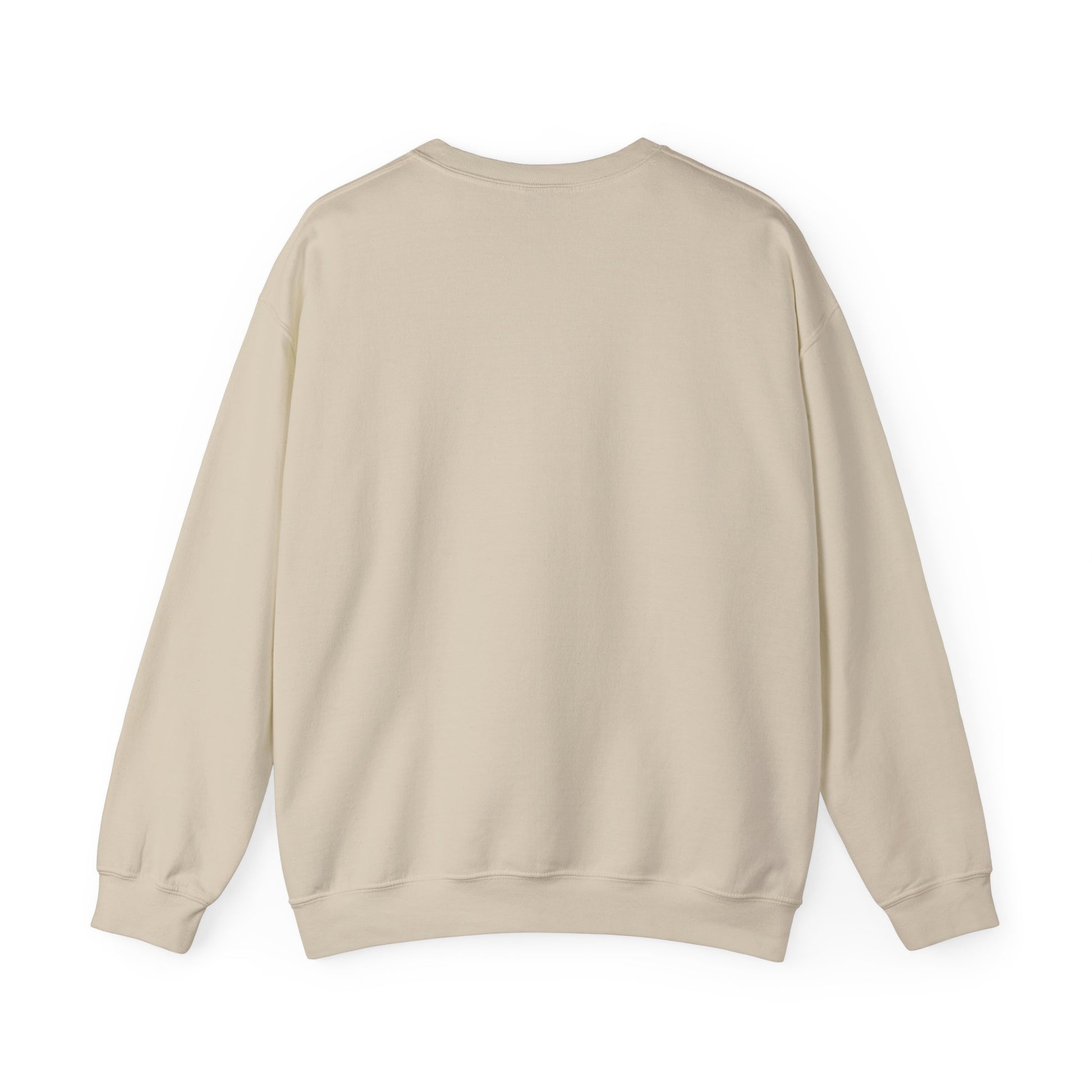 The back of a sand colored crewneck sweatshirt.
