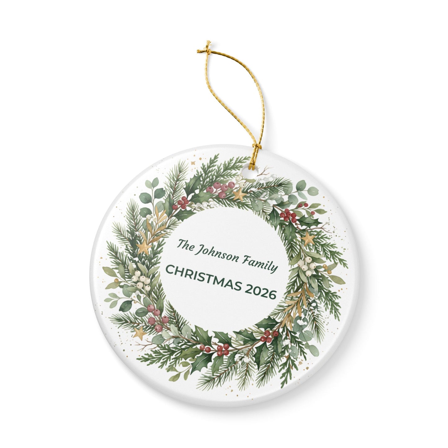 Personalized Christmas Wreath Ceramic Ornament - 'The Johnson Family CHRISTMAS'