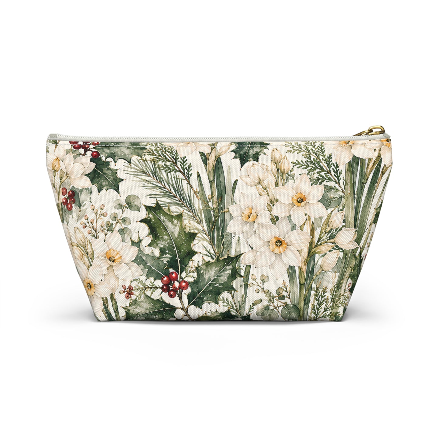 Floral Winter Accessory Pouch — Holiday Daffodil & Holly Makeup Bag