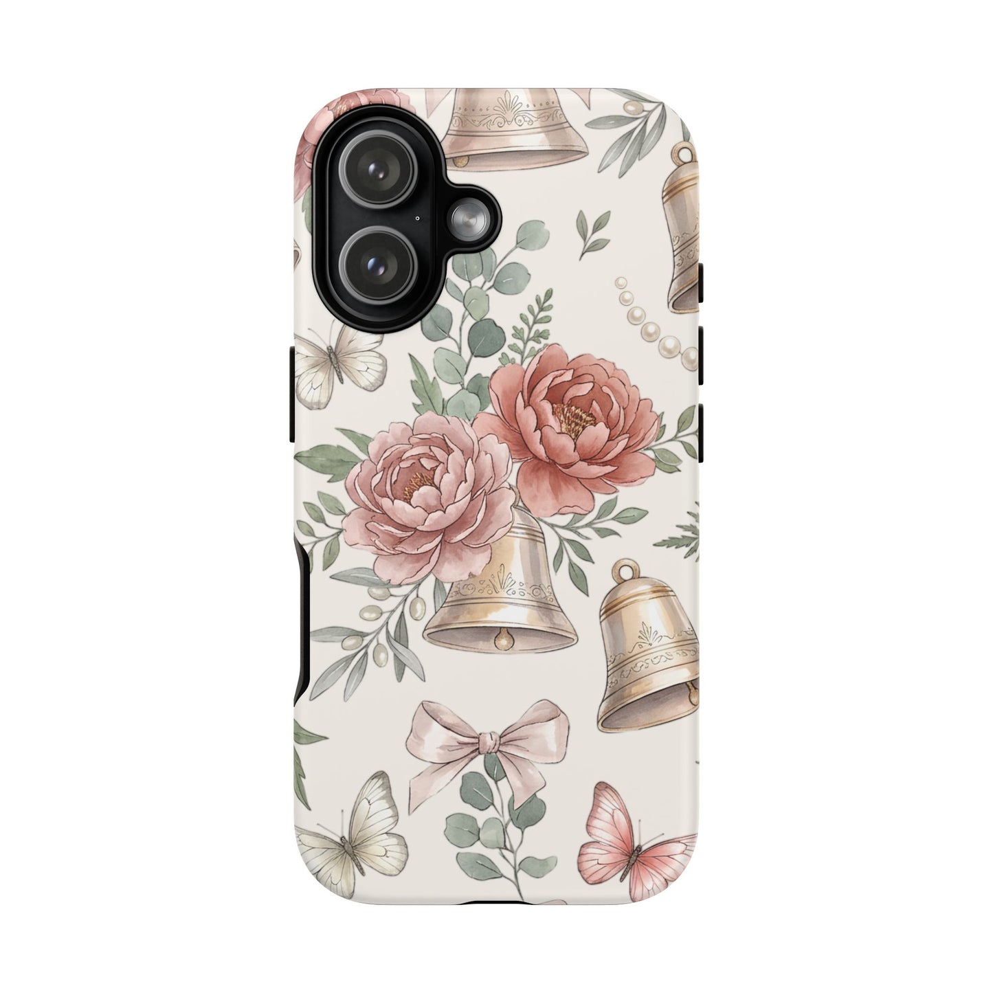 Floral Wedding Bells Phone Case — Vintage Roses, Butterflies & Bow Protective Tough Case