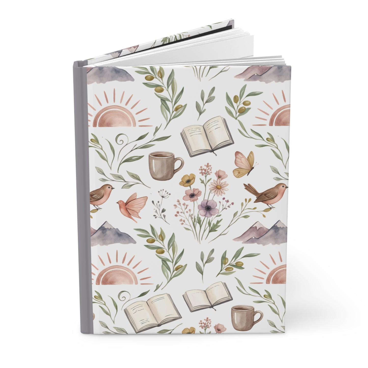 Nature Reading Hardcover Journal — Floral, Mountain & Coffee Pattern Notebook