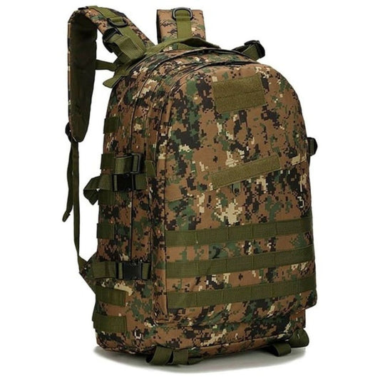 Camouflage backpack with multiple straps on a white background