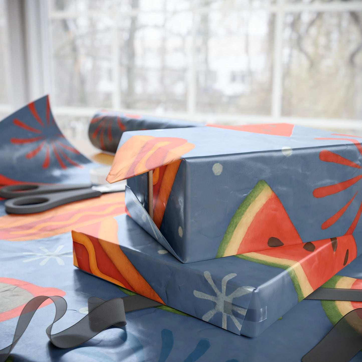 Summer BBQ Wrapping Paper – Watermelon, Hot Dogs & Fireworks on Blue