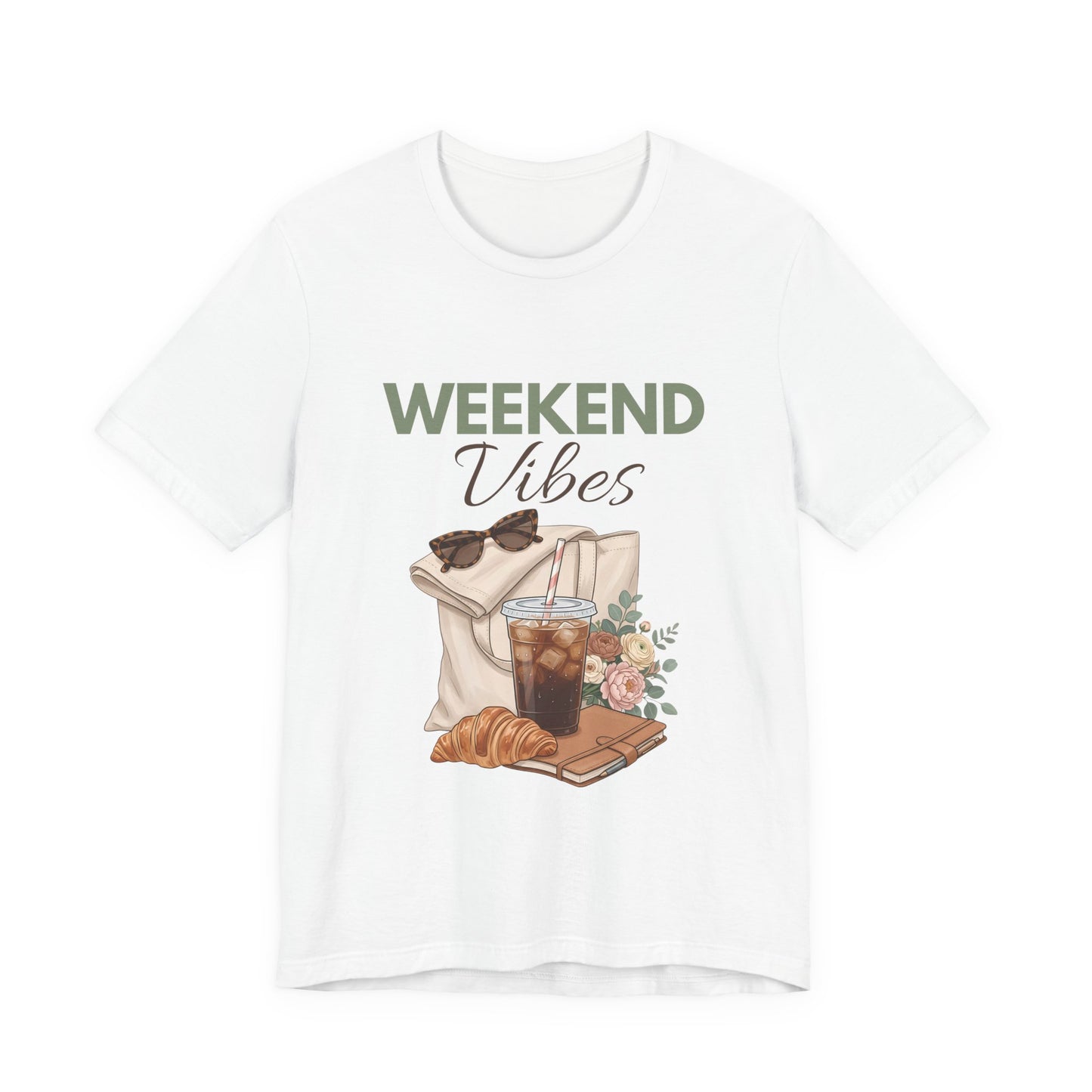 White t-shirt with 'Weekend Vibes' graphic design featuring a coffee cup, croissant, and sunglasses on a white background.