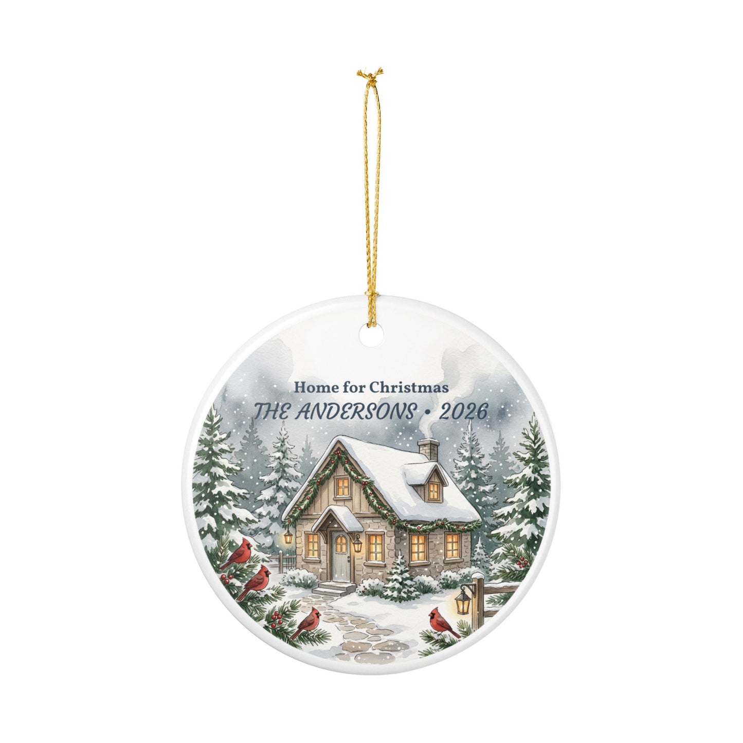 Personalized Ceramic Christmas Ornament - 'Home for Christmas' Snowy Cottage, Family Name & Year