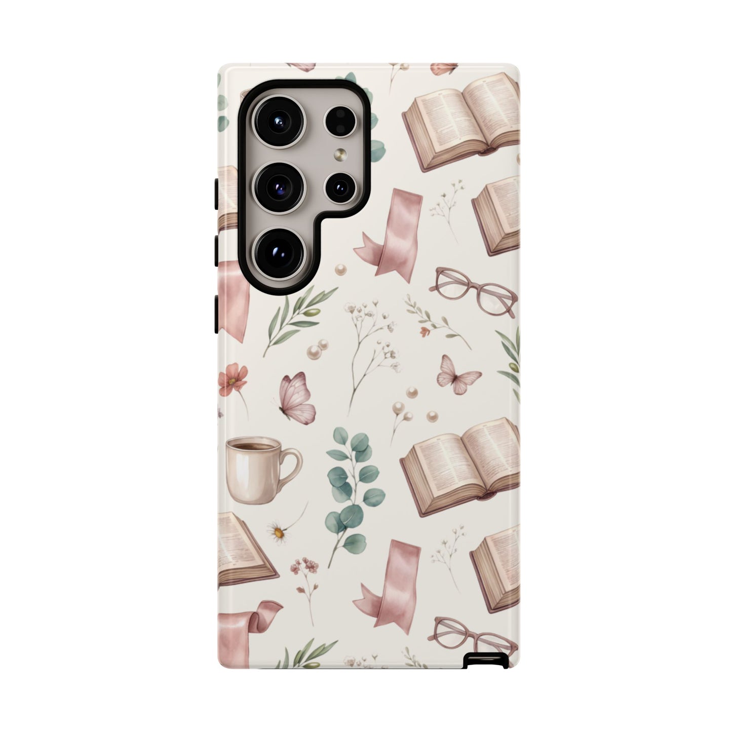 Bookish Floral Phone Case — Cozy Reading Pattern with Open Books, Glasses & Coffee