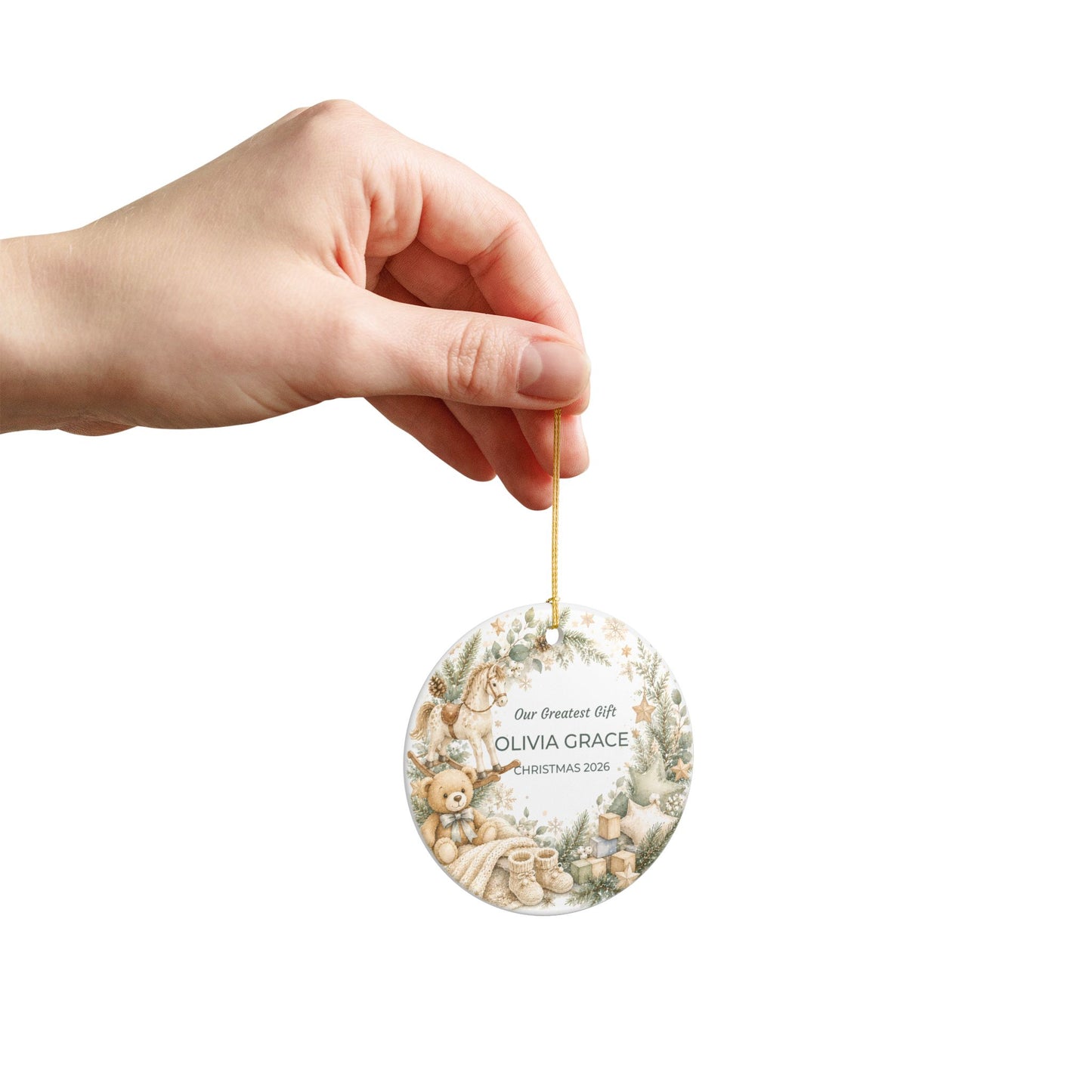 Personalized Baby’s First Christmas Ceramic Ornament — “Our Greatest Gift” Name & Year