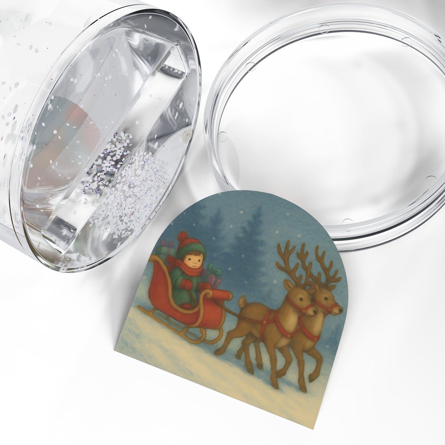 Reindeer Sleigh Ride Snow Globe – Festive Winter Scene with Two-Sided Print
