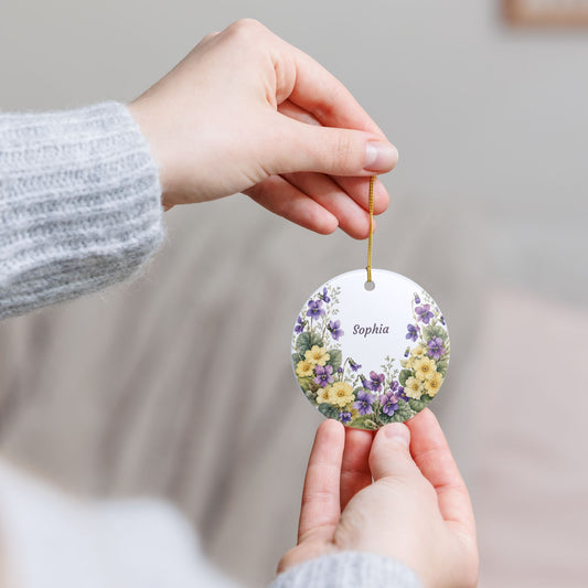 Personalized Floral Ceramic Ornament — Custom Name Violet & Yellow Flower Decoration