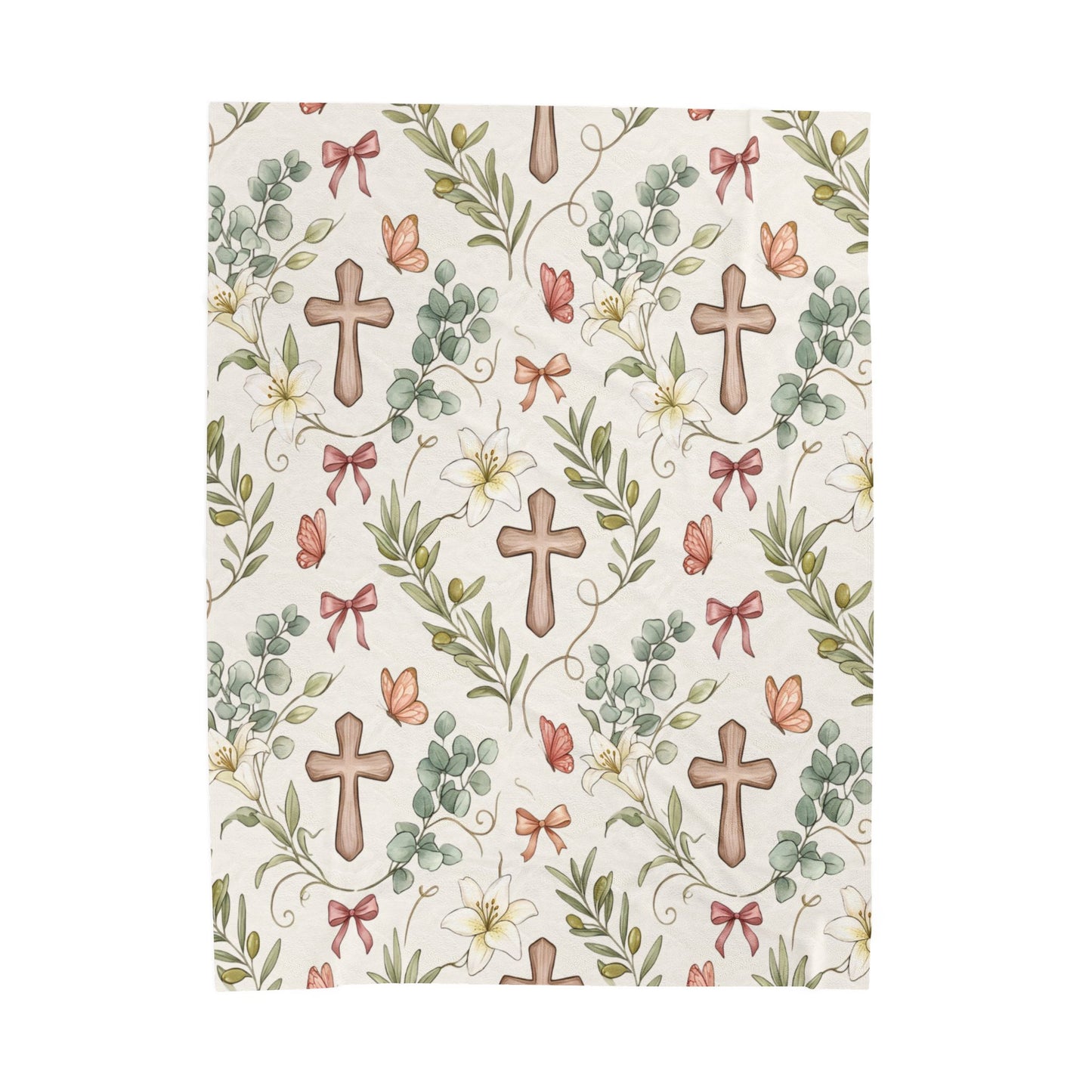 Religious Floral Cross Velveteen Plush Blanket — Soft Christian Comfort Throw