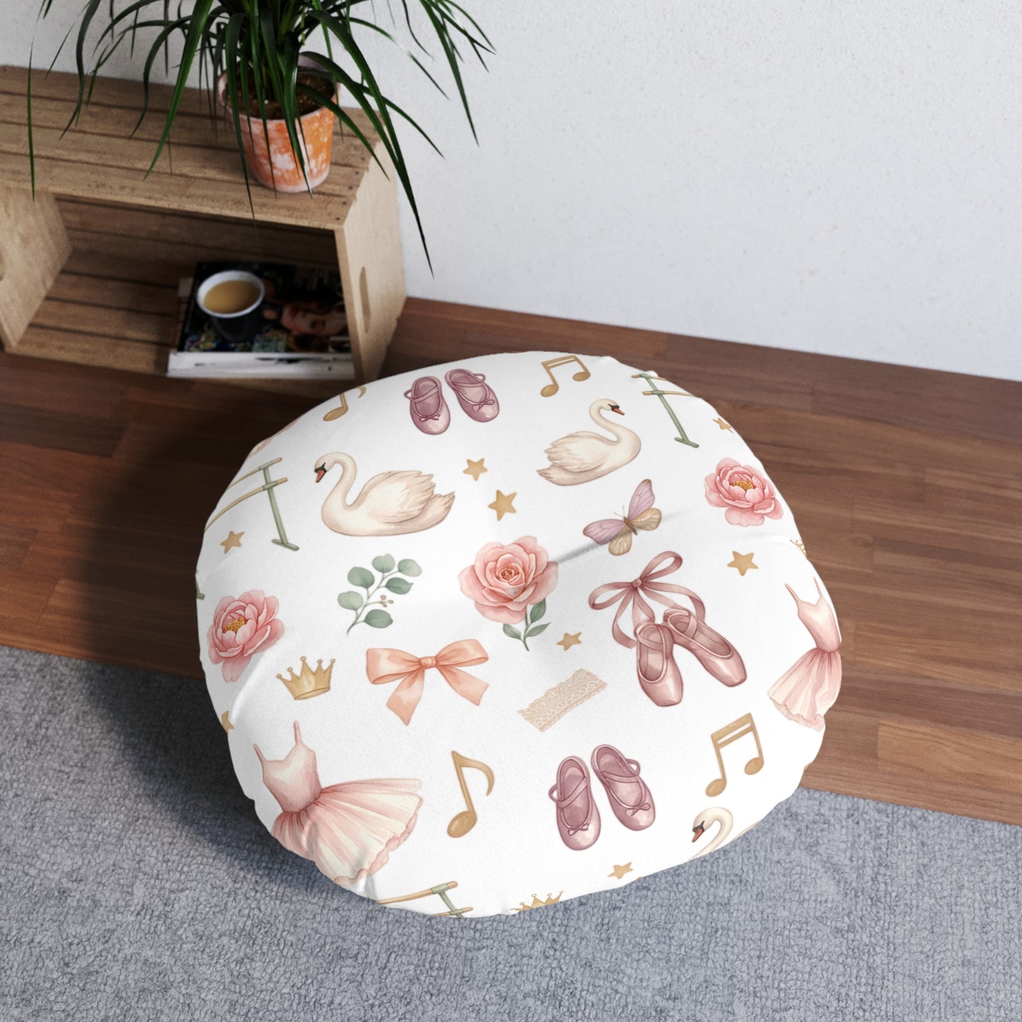 Ballet Bow Tufted Round Floor Pillow – Pink Swan Dance Pattern