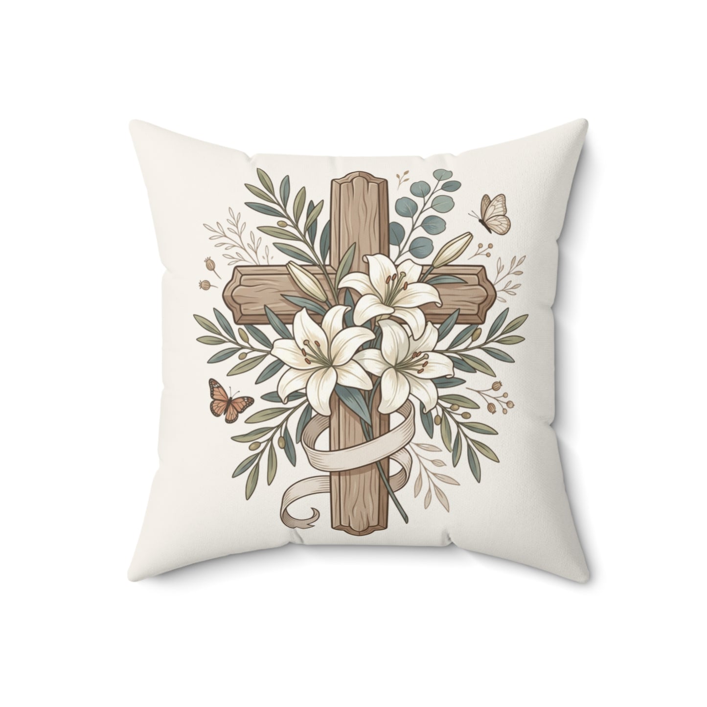 Easter Floral Cross Decorative Pillow — Religious Spring Throw Pillow