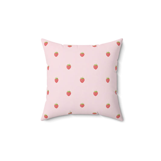 Strawberry Pattern Square Pillow — Pink Cute Fruit Accent Pillow