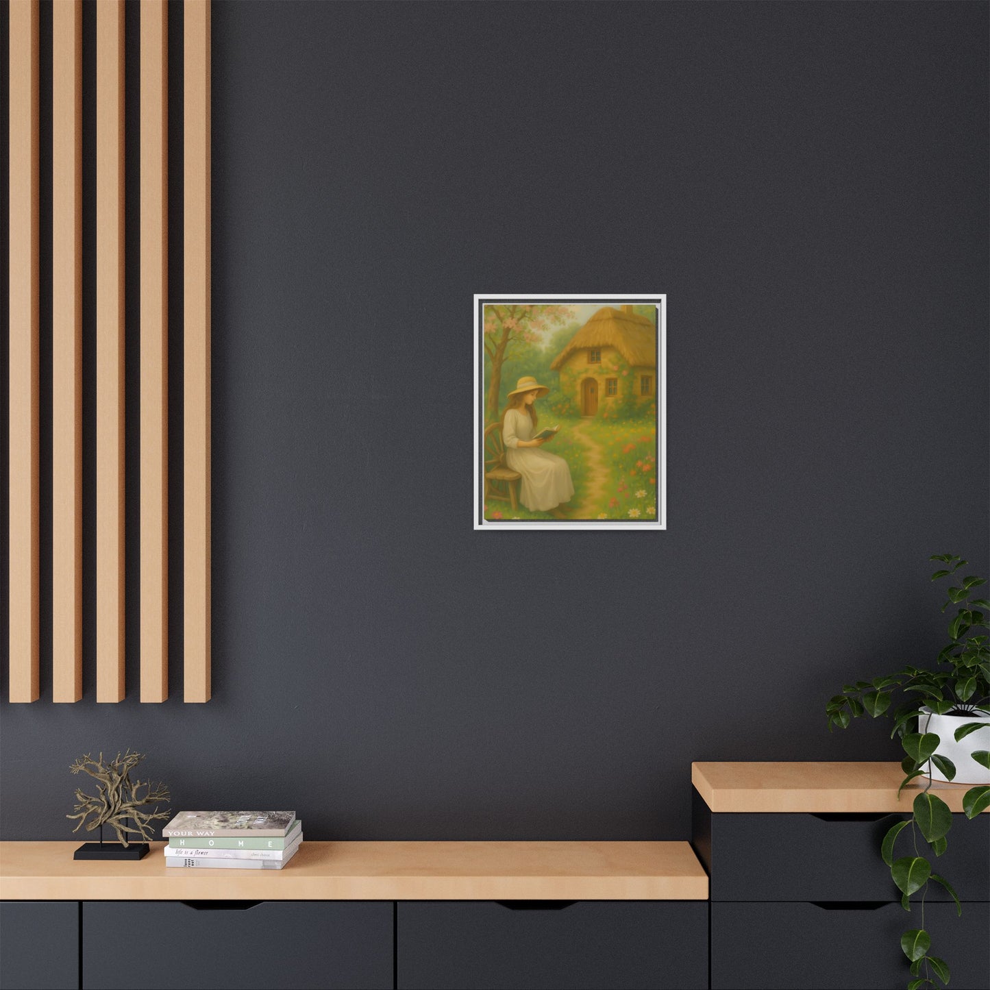 Cottage Garden Reader – Framed Matte Canvas Wall Art of Woman Reading by a Thatched Cottage