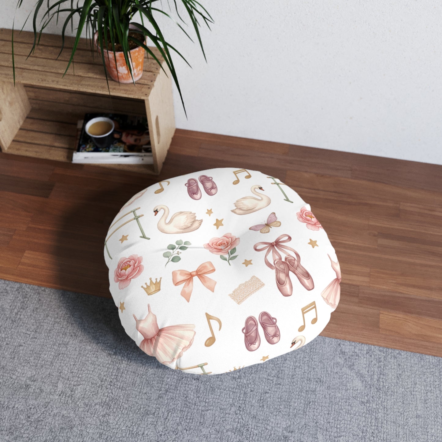 Ballet Bow Tufted Round Floor Pillow – Pink Swan Dance Pattern