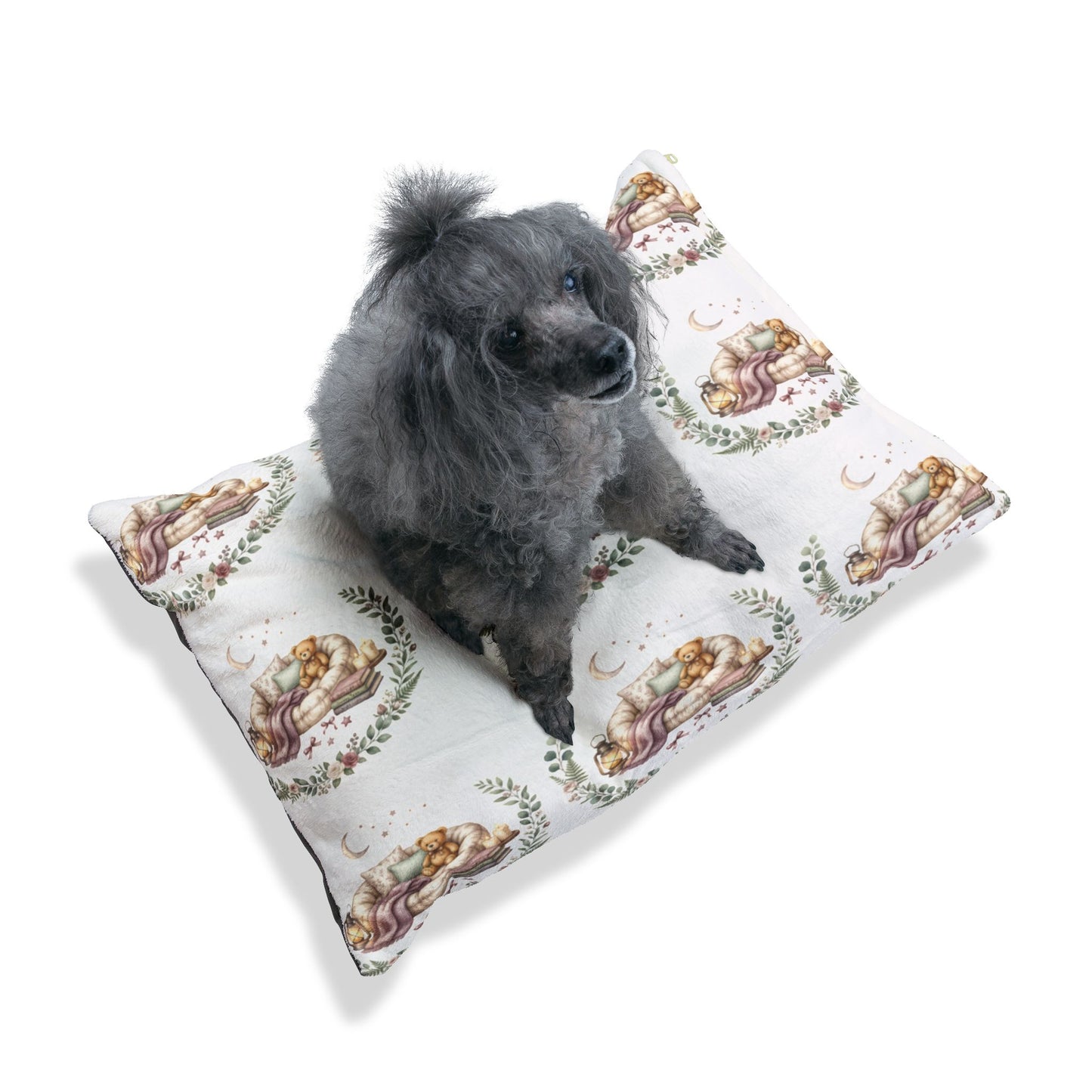 Moonlit Botanical Pet Bed – Watercolor Greenery & Moon Print
