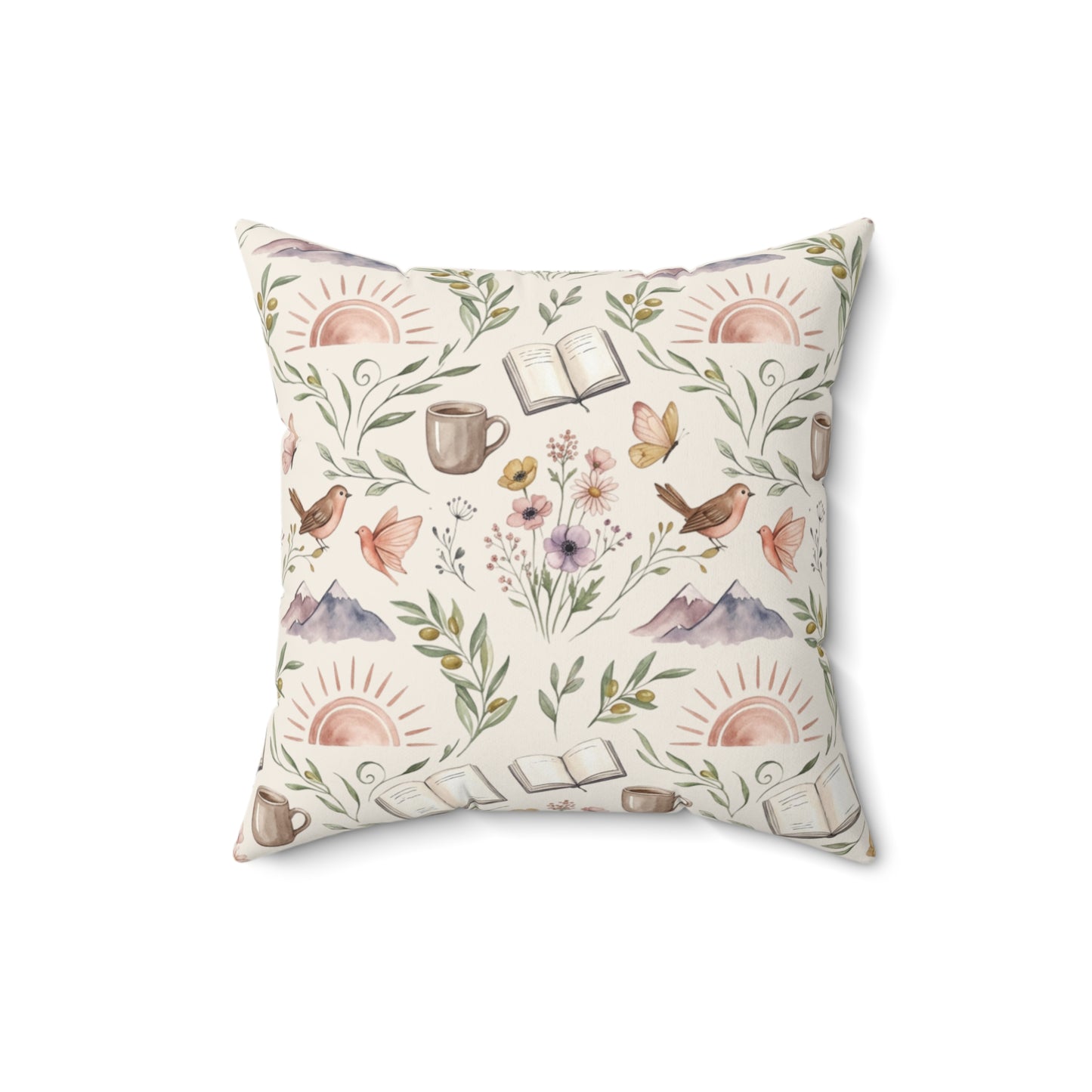 Cozy Book & Coffee Throw Pillow — Mountain Floral Reading Accent