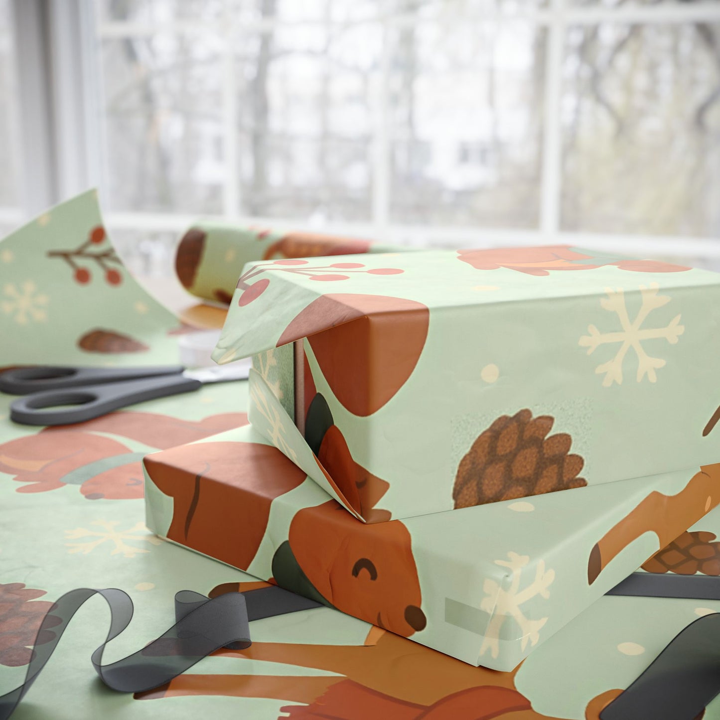 Woodland Winter Friends Wrapping Paper – Fox, Deer, Owl & Squirrel in Cozy Scarves