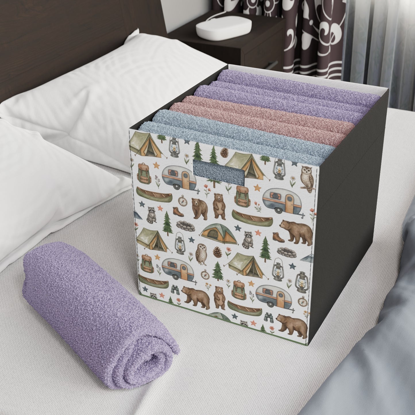 Camping Pattern Felt Storage Box — Bear, Tent & Camper Nursery Organizer