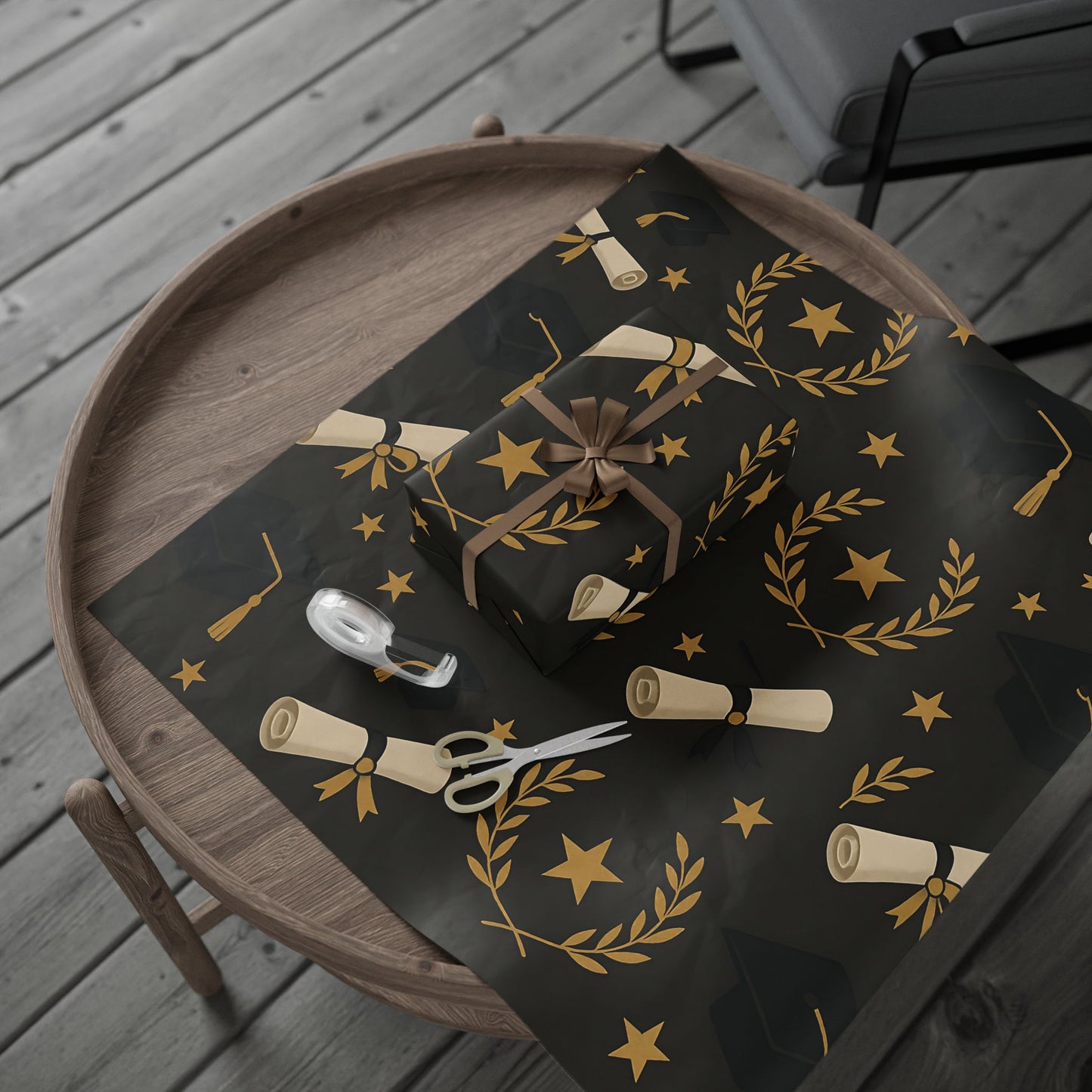Graduation Celebration Wrapping Paper – Diplomas, Caps & Gold Laurel Accents