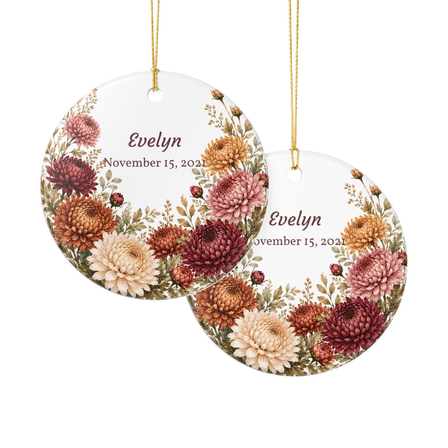 Personalized Floral Ceramic Ornament — Custom Name & Date Autumn Chrysanthemums