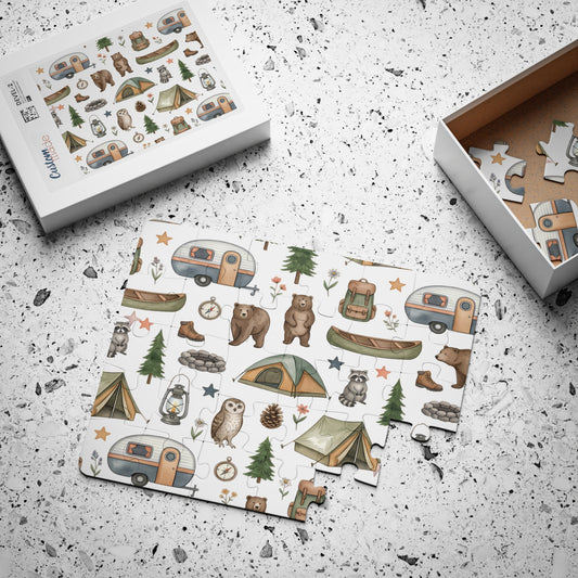 Camping Pattern Kids Puzzle — 30-Piece Toddler Jigsaw with Bears, Tents & Campers