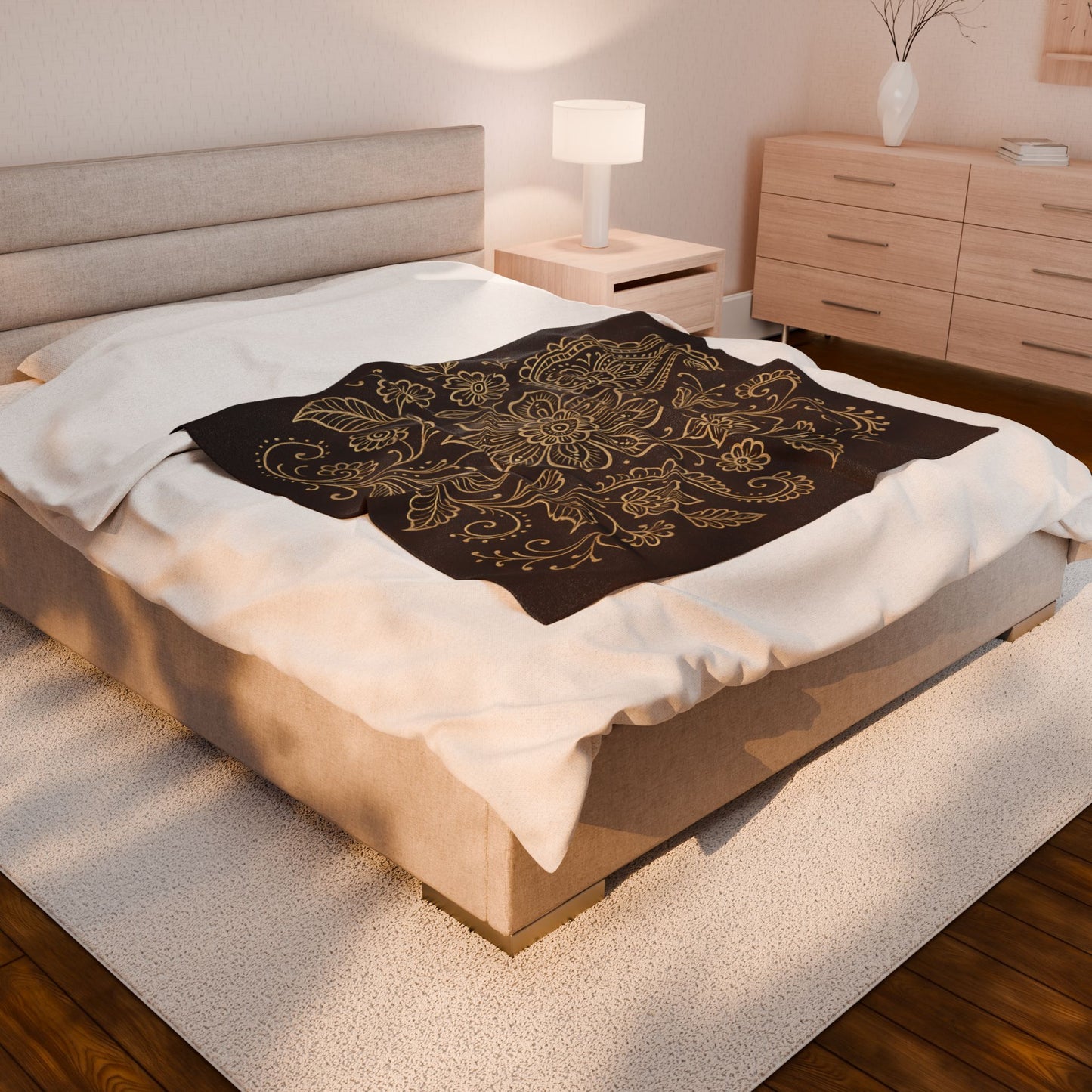 Elegant Boho Floral Paisley Velveteen Plush Blanket – Dark Brown & Cream