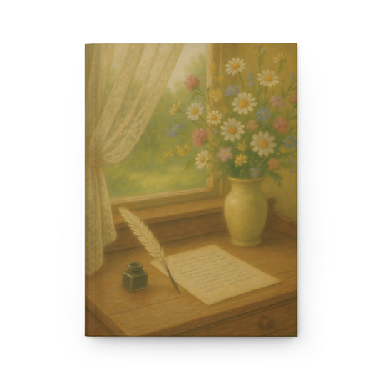 Sunlit Writing Desk Journal – Vintage Floral Window Scene Hardcover Notebook