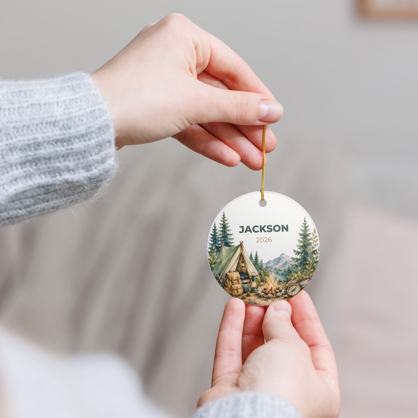 Personalized Camping Ceramic Ornament – Custom Name & Year (e.g., Jackson 2026)