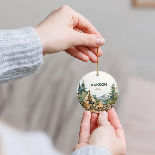 Personalized Camping Ceramic Ornament – Custom Name & Year (e.g., Jackson 2026)