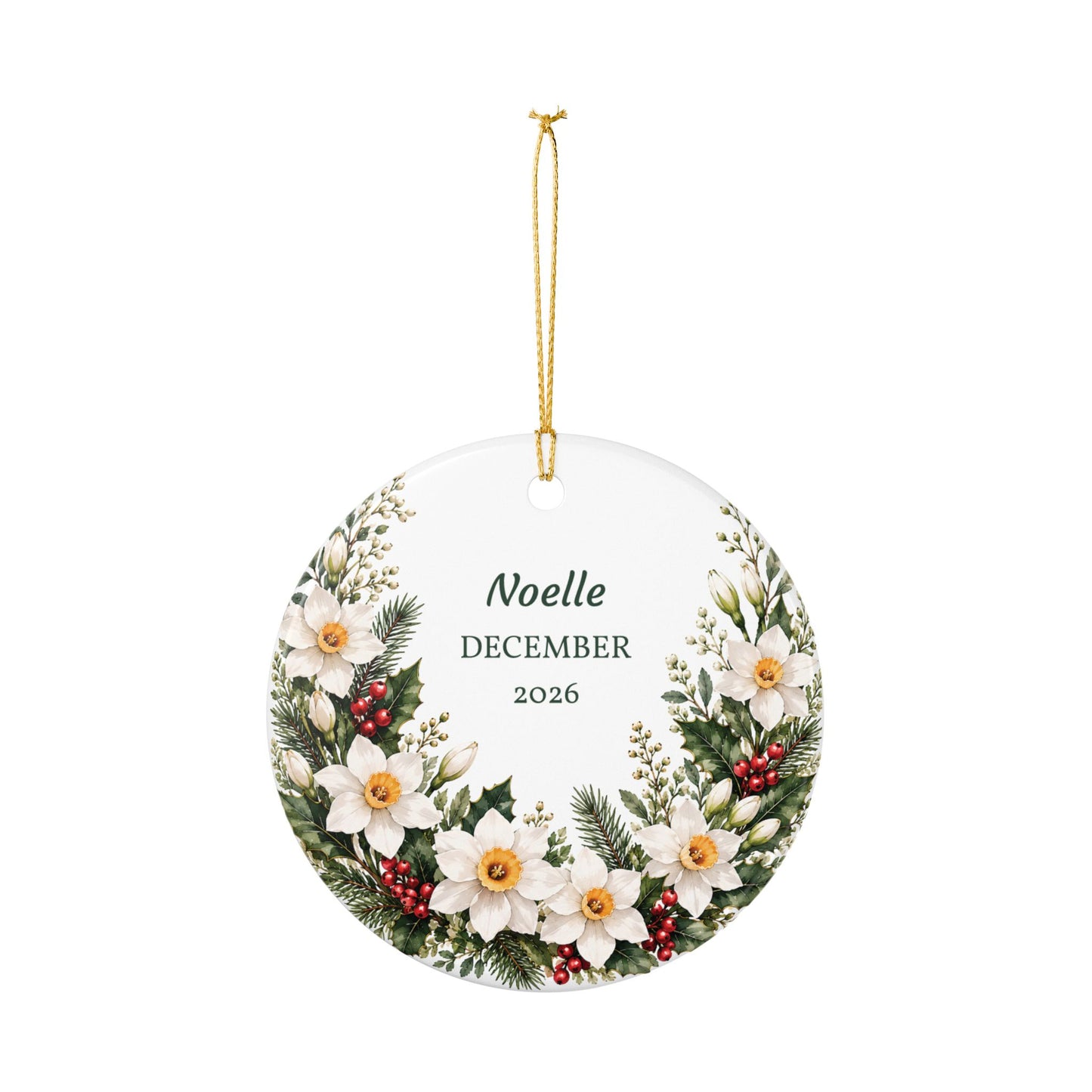 Personalized Christmas Ornament - Floral Wreath Ceramic Holiday Decoration (Name & Month/Year)