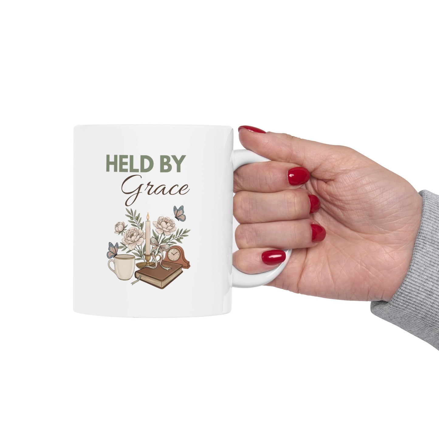 Held by Grace Ceramic Coffee Mug – Christian Inspirational Mug – Floral Bible Study Coffee Cup – Faith Gift for Women – 11oz & 15oz