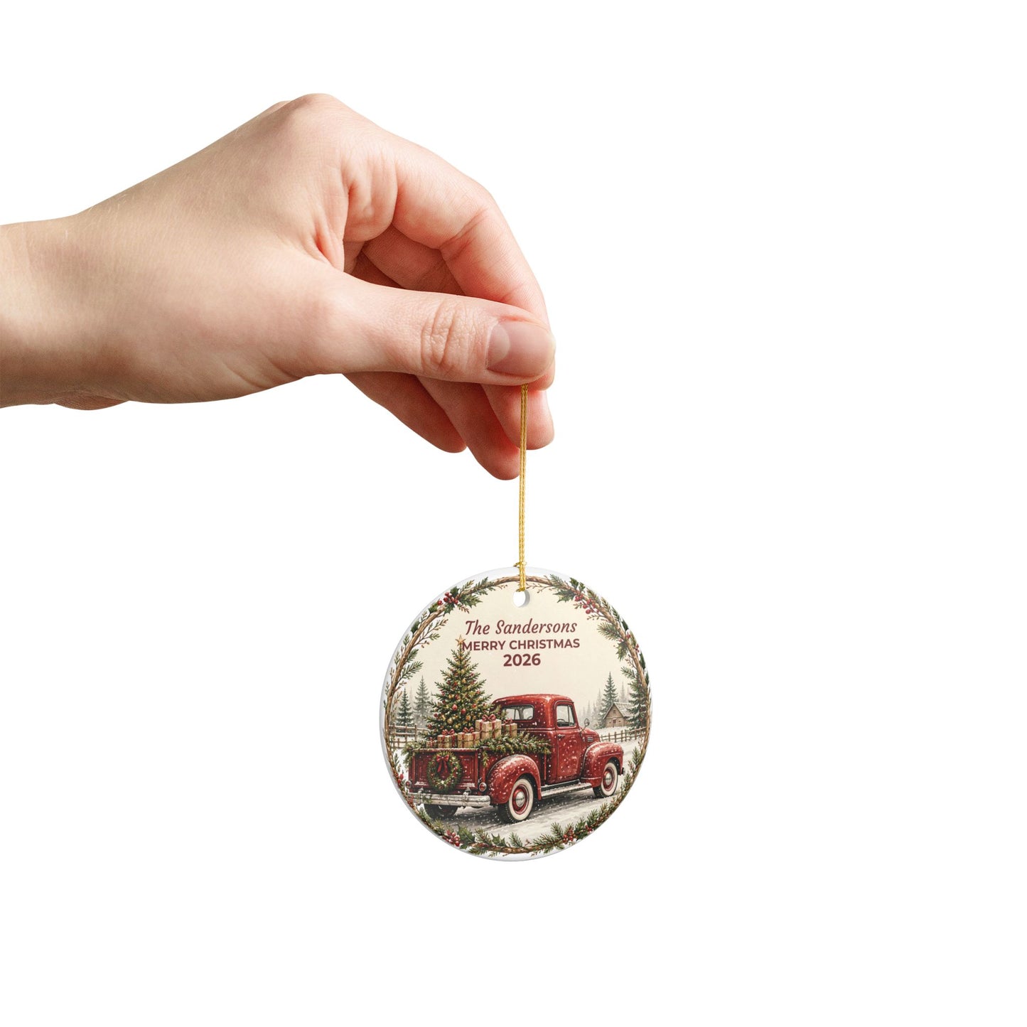 Personalized Ceramic Christmas Ornament — Vintage Red Truck "The Sandersons Merry Christmas"