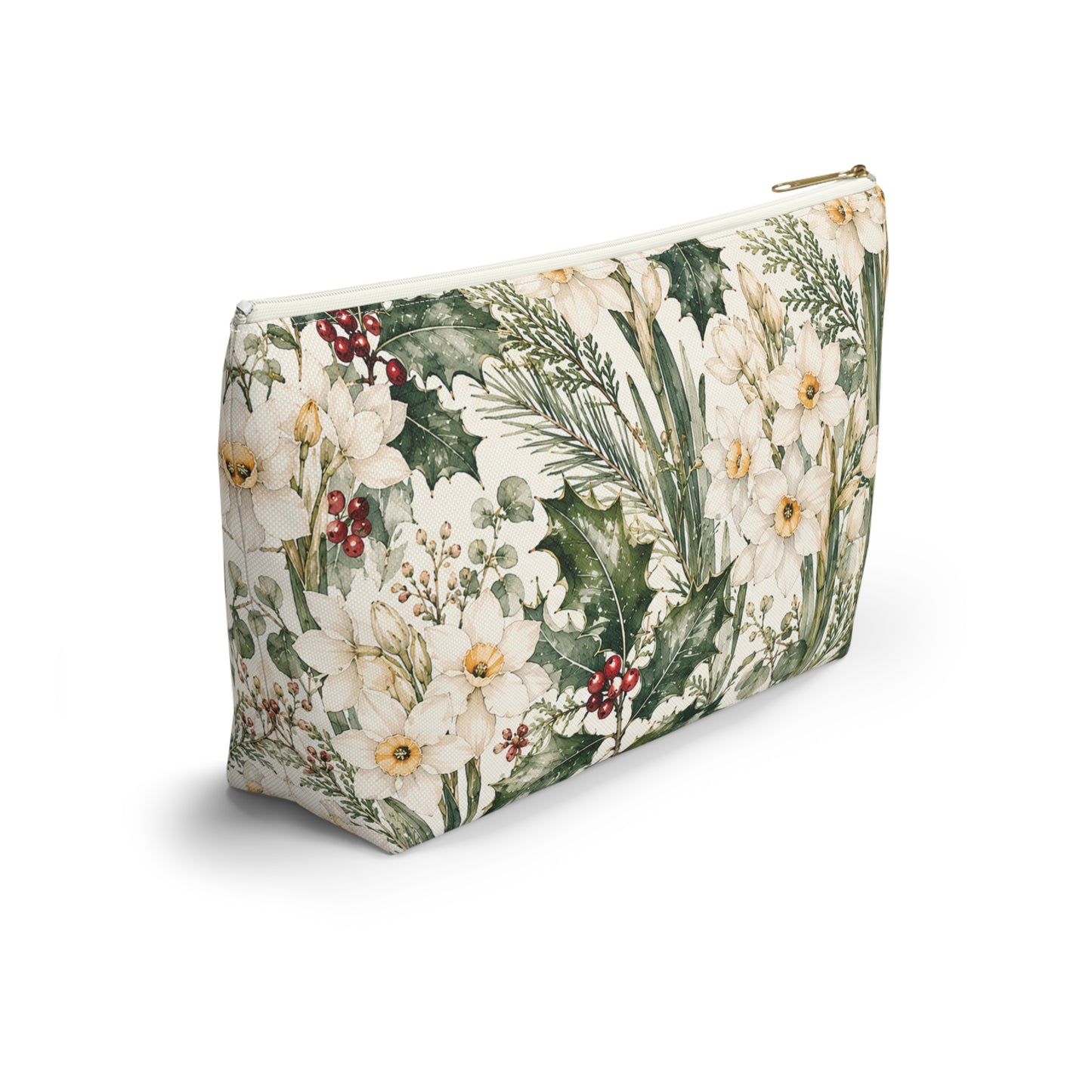 Floral Winter Accessory Pouch — Holiday Daffodil & Holly Makeup Bag