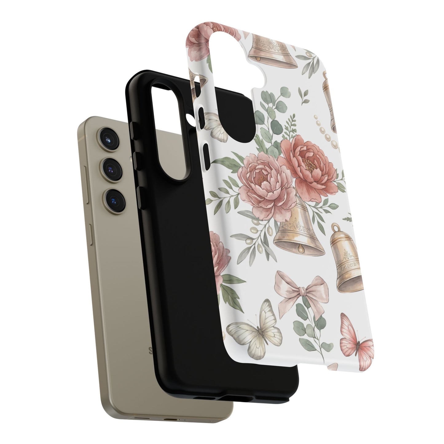 Floral Wedding Bells Phone Case — Vintage Roses, Butterflies & Bow Protective Tough Case