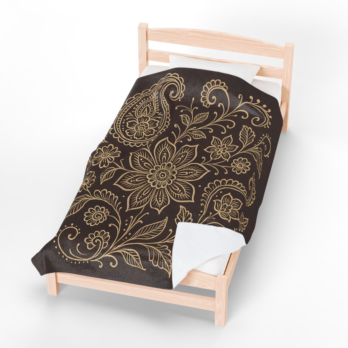 Elegant Boho Floral Paisley Velveteen Plush Blanket – Dark Brown & Cream