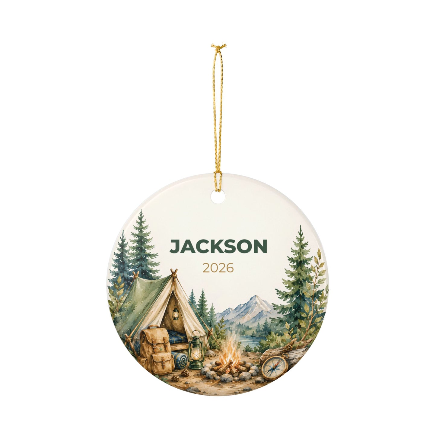 Personalized Camping Ceramic Ornament – Custom Name & Year (e.g., Jackson 2026)
