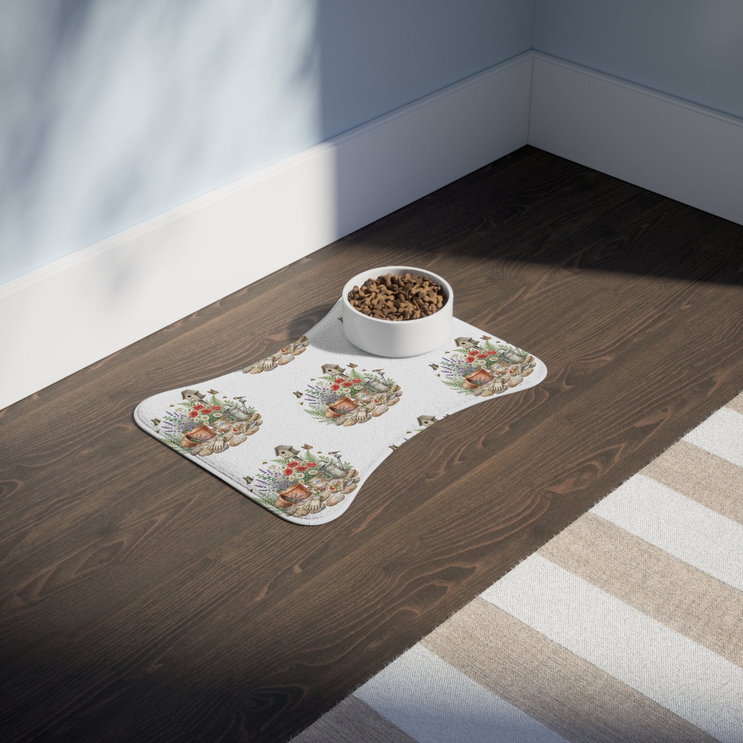 Floral Garden Pet Feeding Mat — Watercolor Birdhouse & Flowers