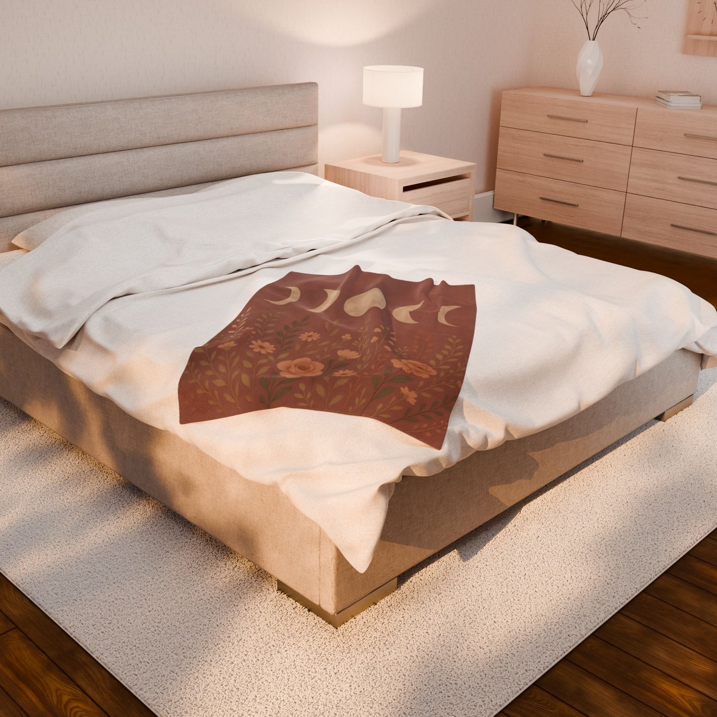 Moon Phases & Wildflowers Velveteen Plush Blanket – Boho Floral Throw for Cozy Nights
