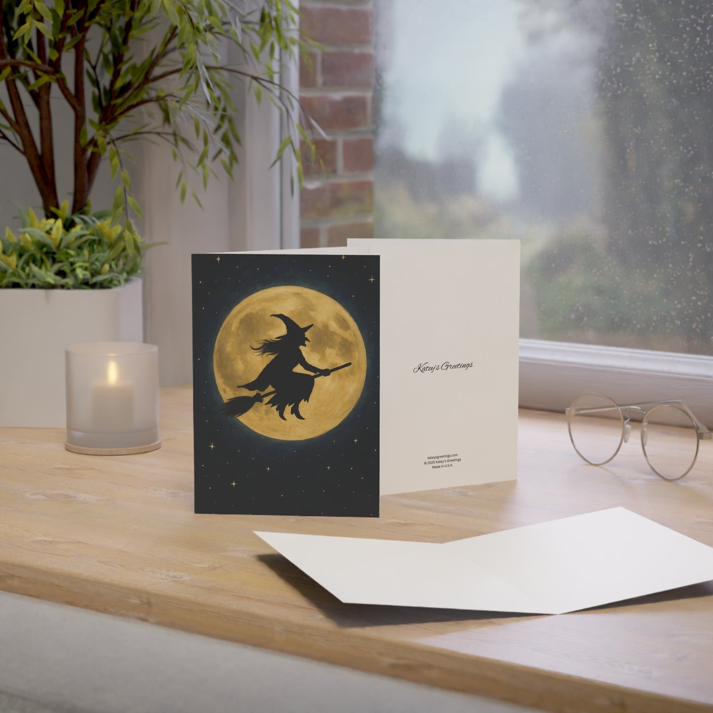 Halloween Card – Witch Flying Across the Full Moon – Premium 270gsm Greeting Card + Envelope