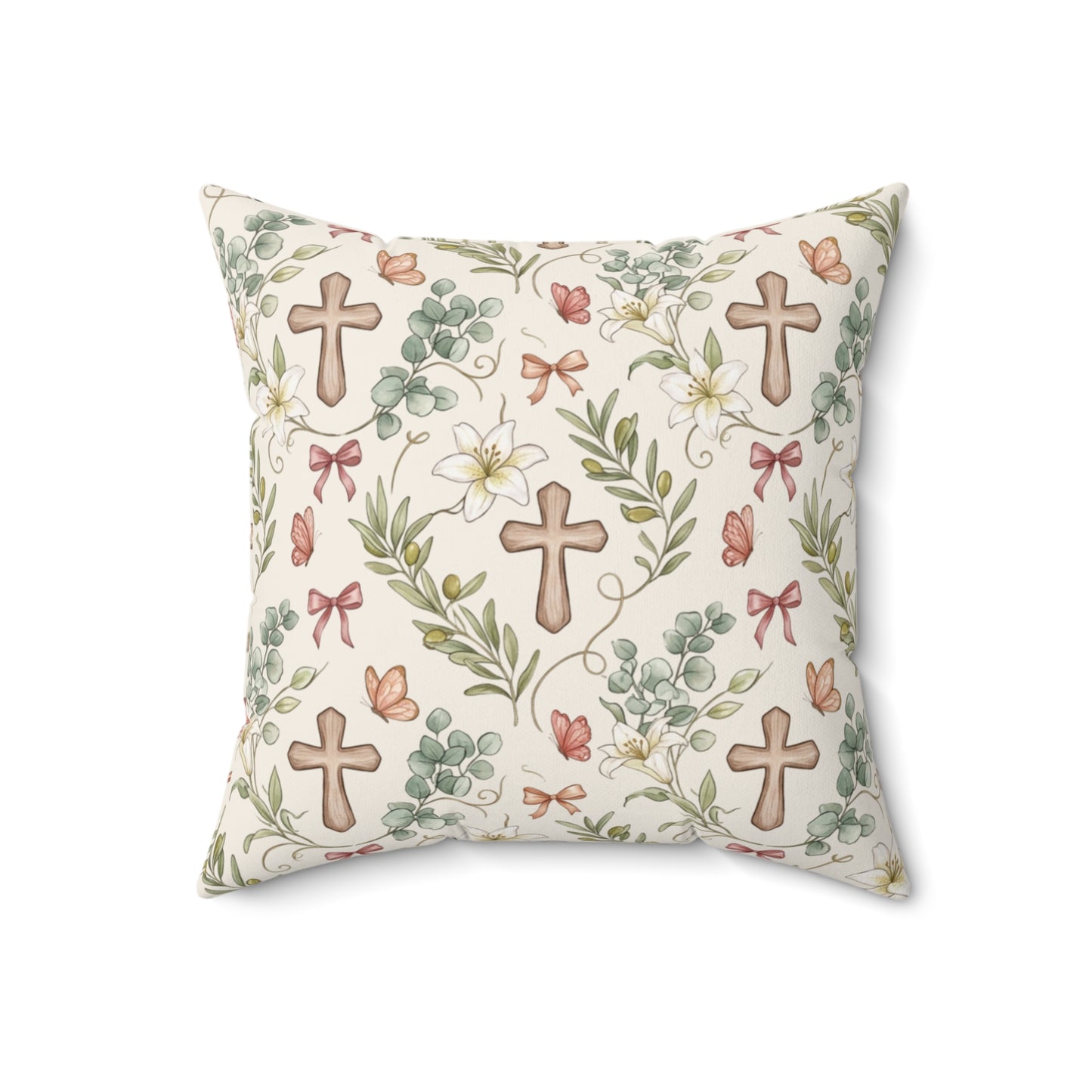 Easter Floral Cross Decorative Pillow — Religious Spring Throw Pillow