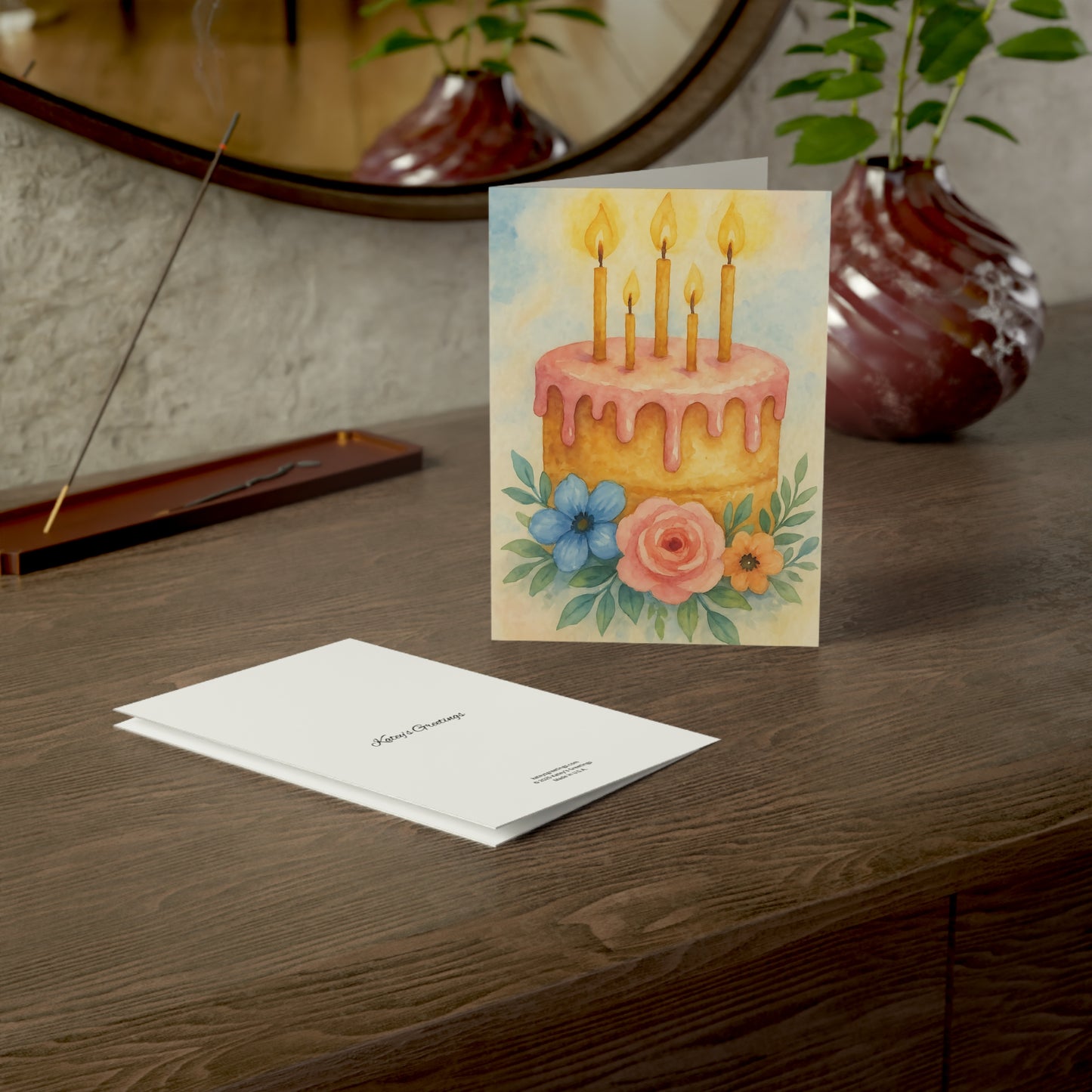 Watercolor Birthday Cake Greeting Card with Floral Accents – Blank Inside