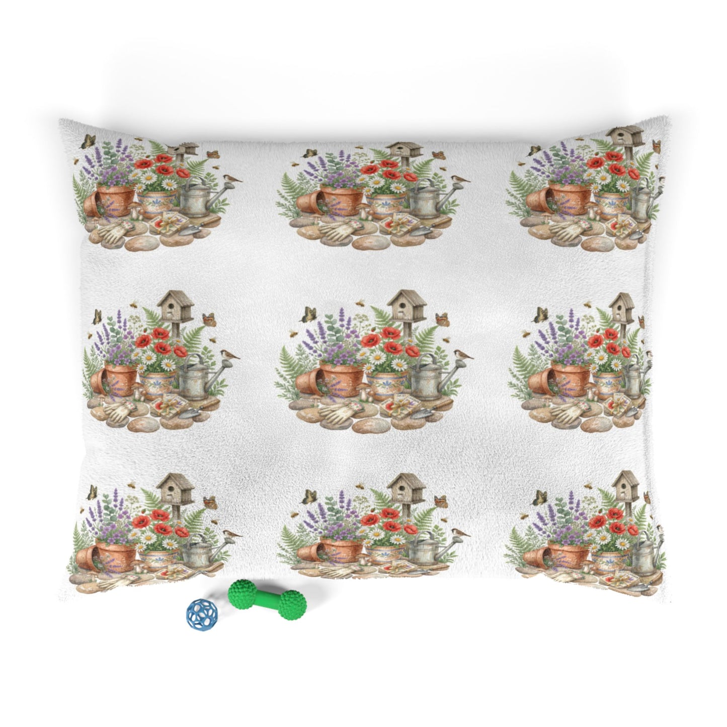 Floral Garden Pet Bed – Watercolor Birdhouse & Flowers