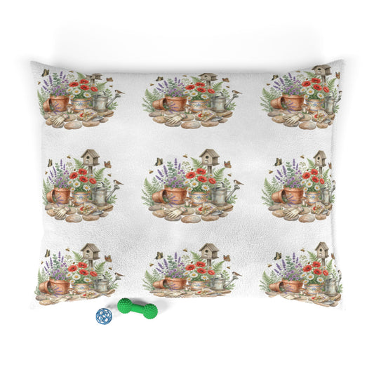 Floral Garden Pet Bed – Watercolor Birdhouse & Flowers