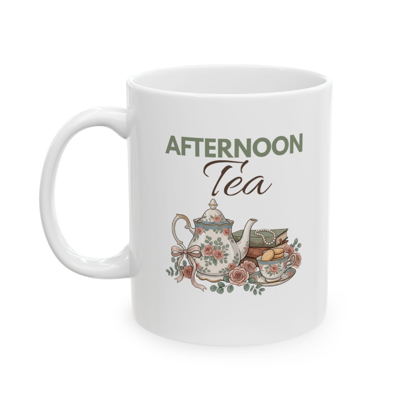 Afternoon Tea Ceramic Coffee Mug – Floral Tea Lover Mug – Vintage Teapot Tea Cup – Cozy Gift for Tea Lovers – 11oz & 15oz
