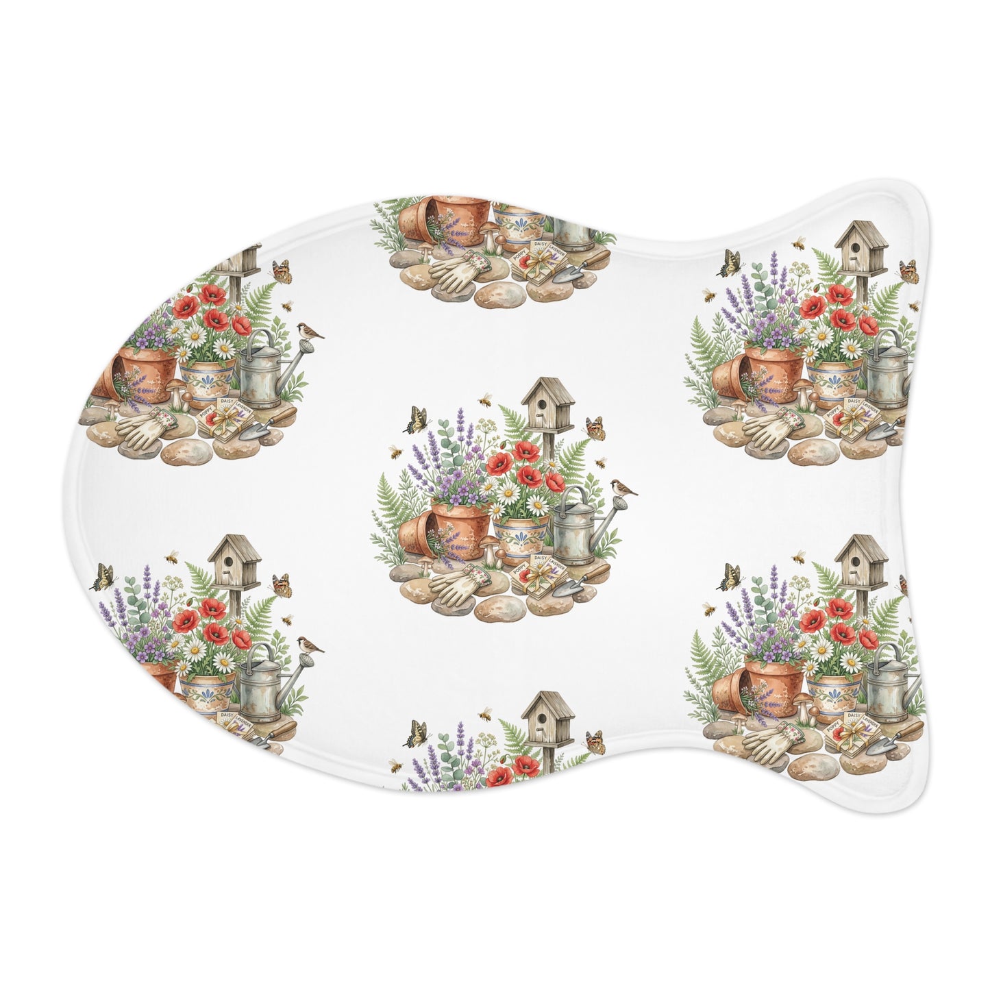 Floral Garden Pet Feeding Mat — Watercolor Birdhouse & Flowers