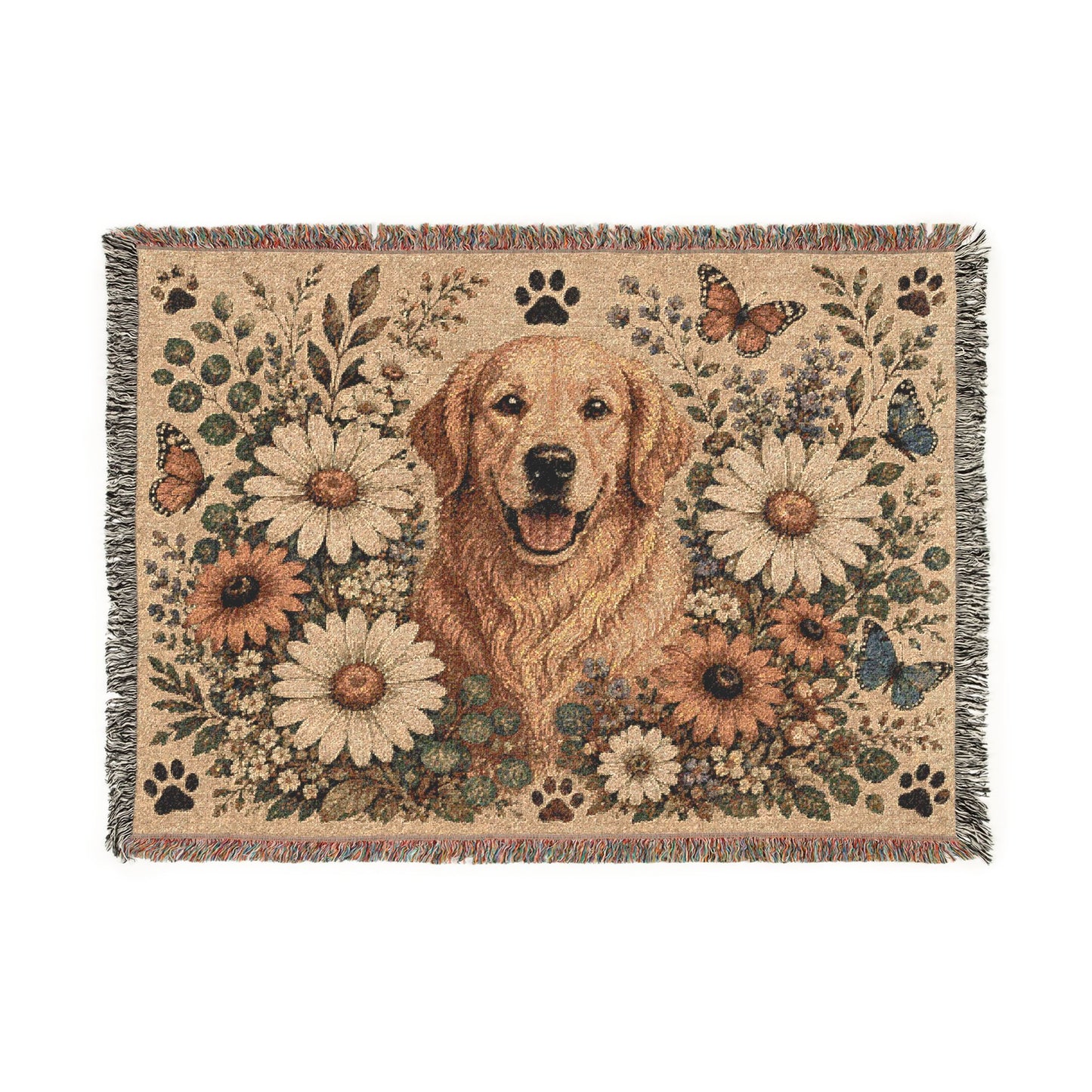 Golden Retriever Floral Woven Blanket — Cozy Throw with Daisies & Butterflies
