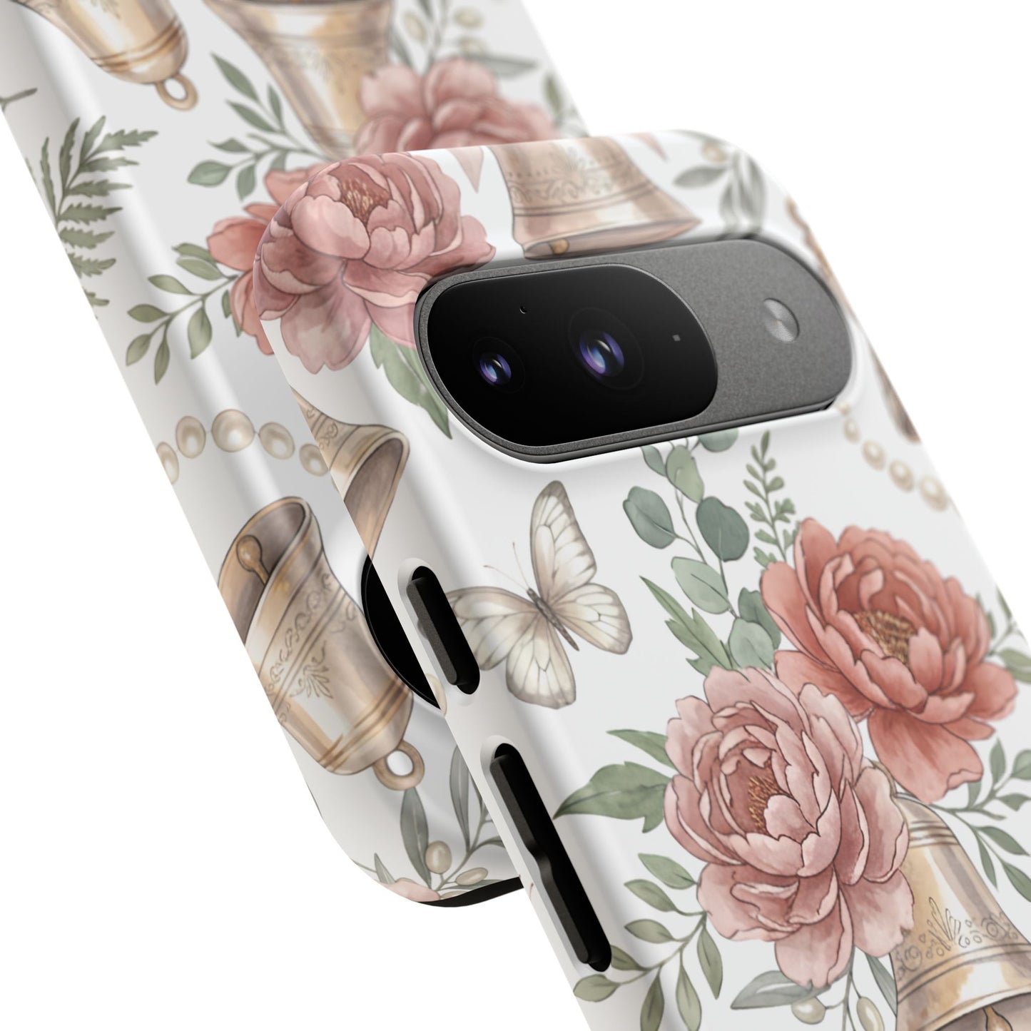 Floral Wedding Bells Phone Case — Vintage Roses, Butterflies & Bow Protective Tough Case