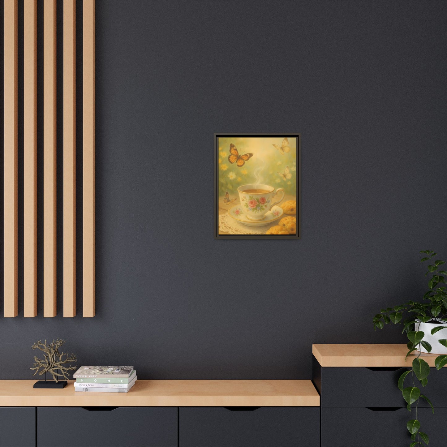 Tea & Butterflies – Framed Matte Canvas of Vintage Teacup and Garden Scene